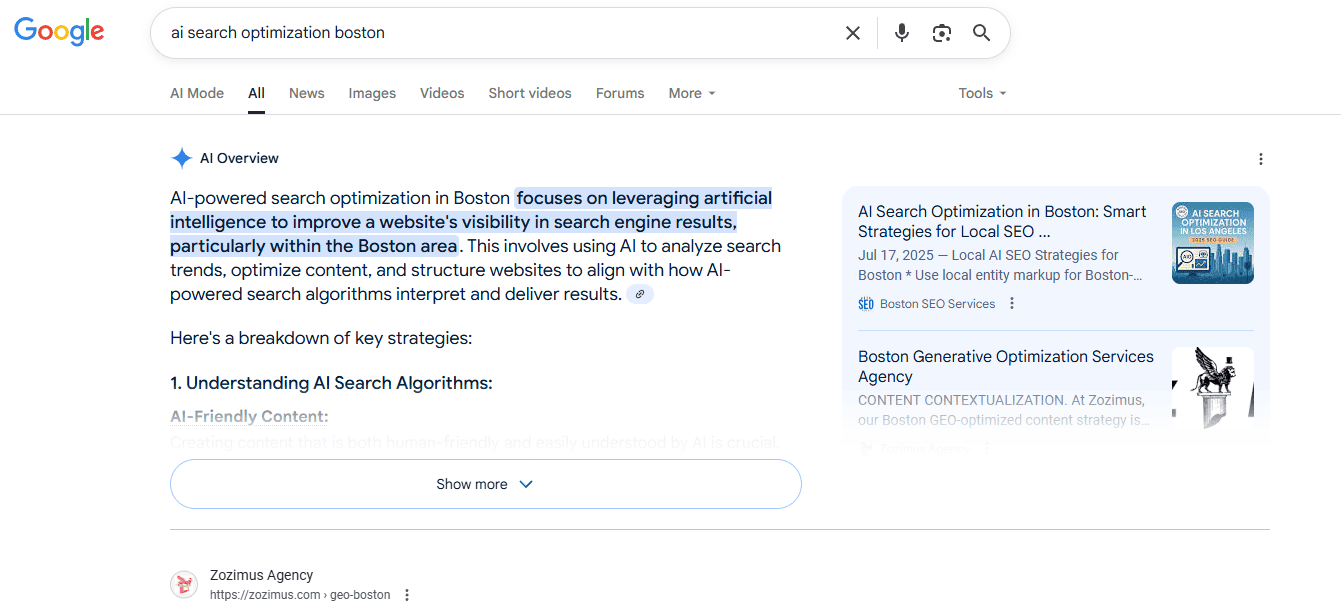 Google AI Overview highlighting Boston SEO Services for 'AI search optimization Boston' in search results
