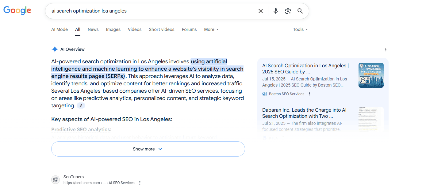 Google AI Overview displaying SEO results for 'AI search optimization Los Angeles' with Boston SEO Services included