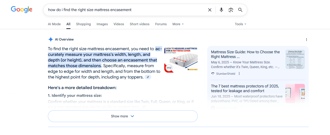 Google AI Overview explaining how to find the right size mattress encasement with measurement tips