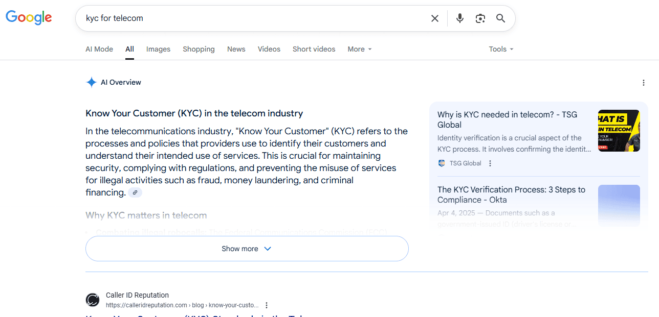 Google AI Overview for 'KYC for telecom' showing industry definitions and TSG Global featured